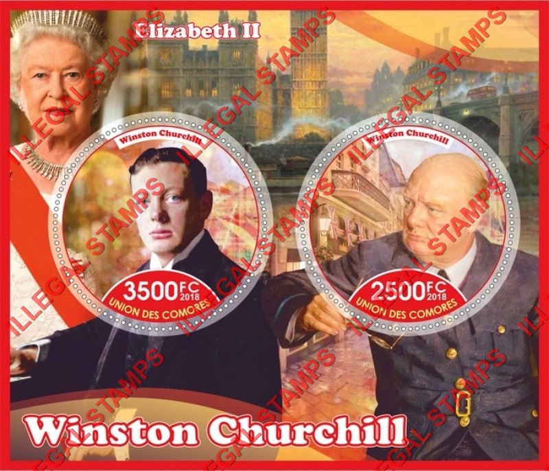 Comoro Islands 2018 Winston Churchill (different) Counterfeit Illegal Stamp Souvenir Sheet of 2 Comoro Islands 2018 Winston Churchill (different) Counterfeit Illegal Stamp Souvenir Sheet of 2