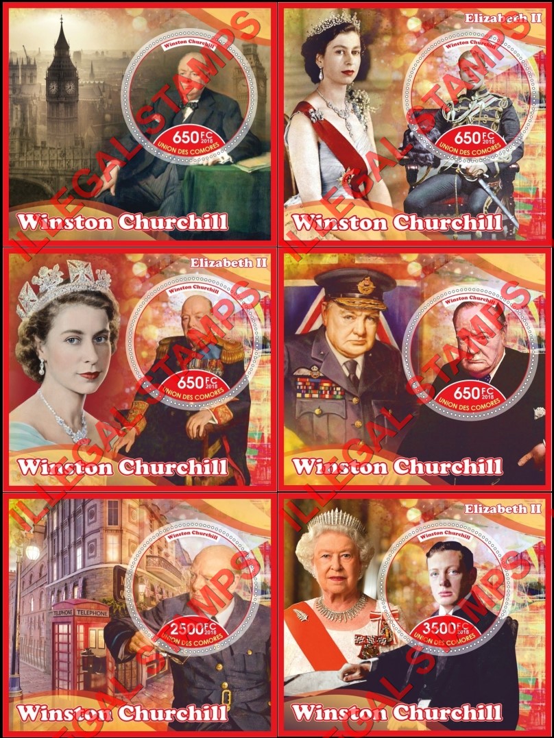 Comoro Islands 2018 Winston Churchill (different) Counterfeit Illegal Stamp Souvenir Sheets of 1 Comoro Islands 2018 Winston Churchill (different) Counterfeit Illegal Stamp Souvenir Sheets of 1