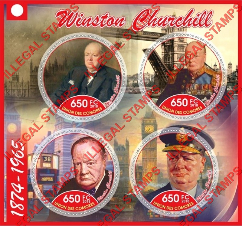 Comoro Islands 2018 Winston Churchill Counterfeit Illegal Stamp Souvenir Sheet of 4 Comoro Islands 2018 Winston Churchill Counterfeit Illegal Stamp Souvenir Sheet of 4