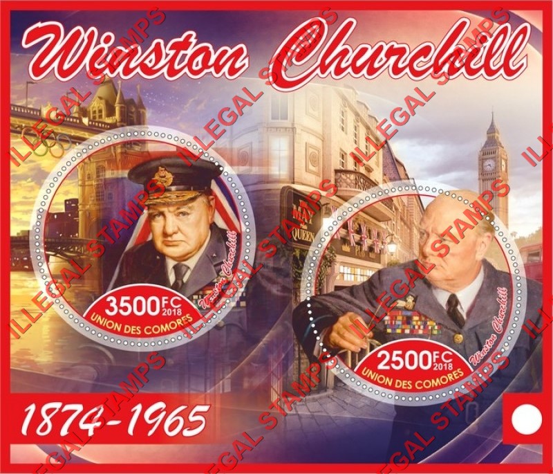 Comoro Islands 2018 Winston Churchill Counterfeit Illegal Stamp Souvenir Sheet of 2 Comoro Islands 2018 Winston Churchill Counterfeit Illegal Stamp Souvenir Sheet of 2