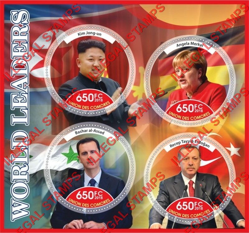 Comoro Islands 2018 World Leaders Counterfeit Illegal Stamp Souvenir Sheet of 4 Comoro Islands 2018 World Leaders Counterfeit Illegal Stamp Souvenir Sheet of 4