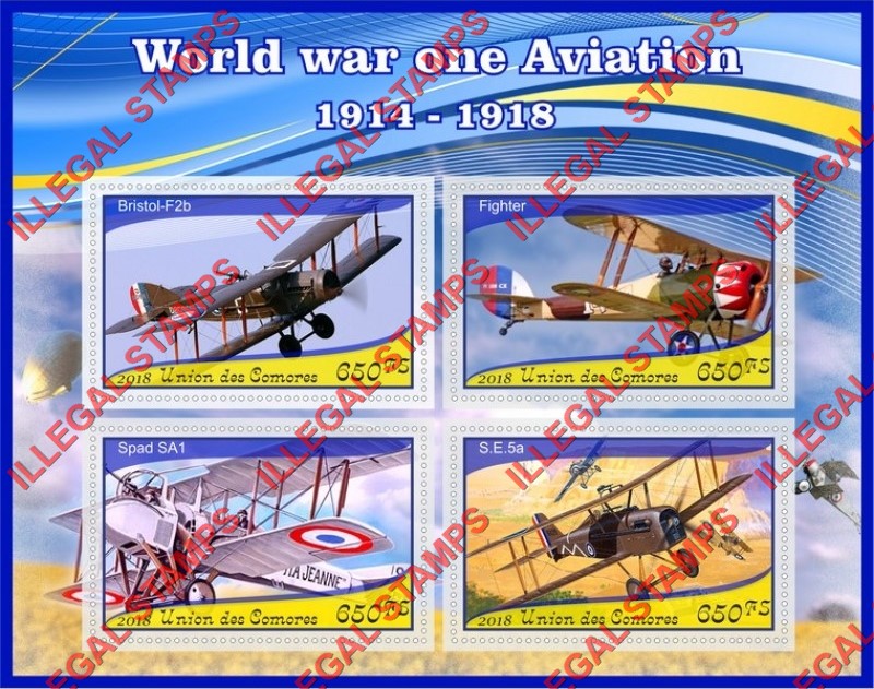 Comoro Islands 2018 World War I Aviation Counterfeit Illegal Stamp Souvenir Sheet of 4 Comoro Islands 2018 World War I Aviation Counterfeit Illegal Stamp Souvenir Sheet of 4