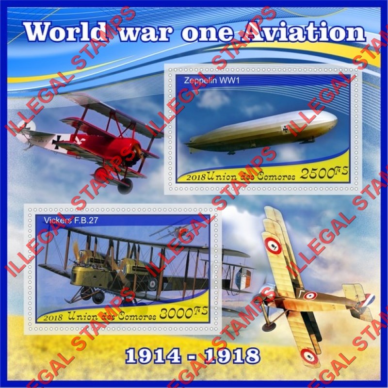Comoro Islands 2018 World War I Aviation Counterfeit Illegal Stamp Souvenir Sheet of 2 Comoro Islands 2018 World War I Aviation Counterfeit Illegal Stamp Souvenir Sheet of 2