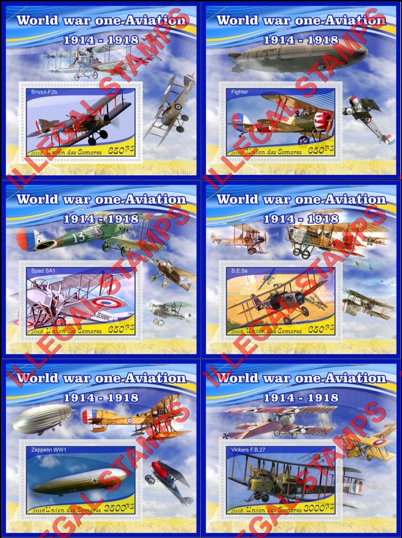 Comoro Islands 2018 World War I Aviation Counterfeit Illegal Stamp Souvenir Sheets of 1 Comoro Islands 2018 World War I Aviation Counterfeit Illegal Stamp Souvenir Sheets of 1