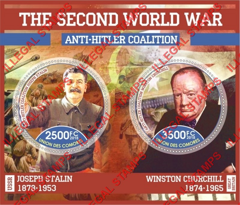 Comoro Islands 2018 World War II Anti-Hitler Coalition Counterfeit Illegal Stamp Souvenir Sheet of 2 Comoro Islands 2018 World War II Anti-Hitler Coalition Counterfeit Illegal Stamp Souvenir Sheet of 2