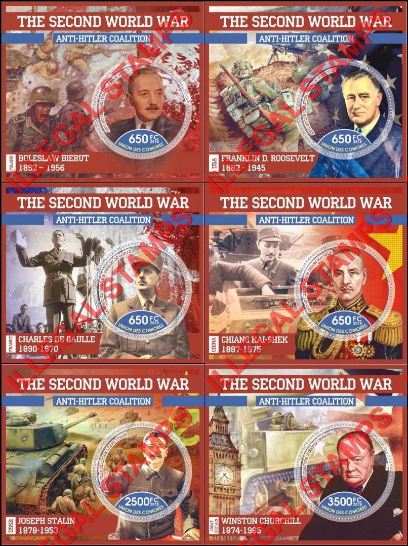 Comoro Islands 2018 World War II Anti-Hitler Coalition Counterfeit Illegal Stamp Souvenir Sheets of 1 Comoro Islands 2018 World War II Anti-Hitler Coalition Counterfeit Illegal Stamp Souvenir Sheets of 1