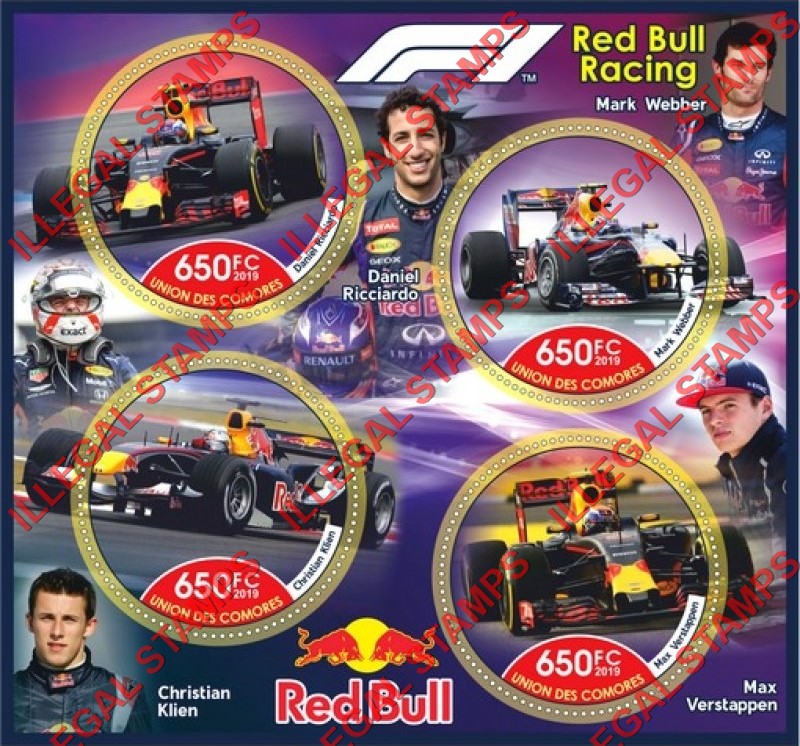 Comoro Islands 2019 Formula I Red Bull Racing Cars Counterfeit Illegal Stamp Souvenir Sheet of 4