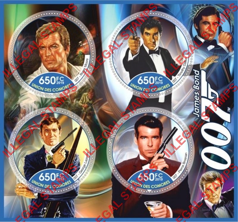 Comoro Islands 2019 James Bond Actors Counterfeit Illegal Stamp Souvenir Sheet of 4