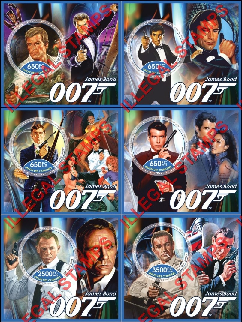 Comoro Islands 2019 James Bond Actors Counterfeit Illegal Stamp Souvenir Sheets of 1