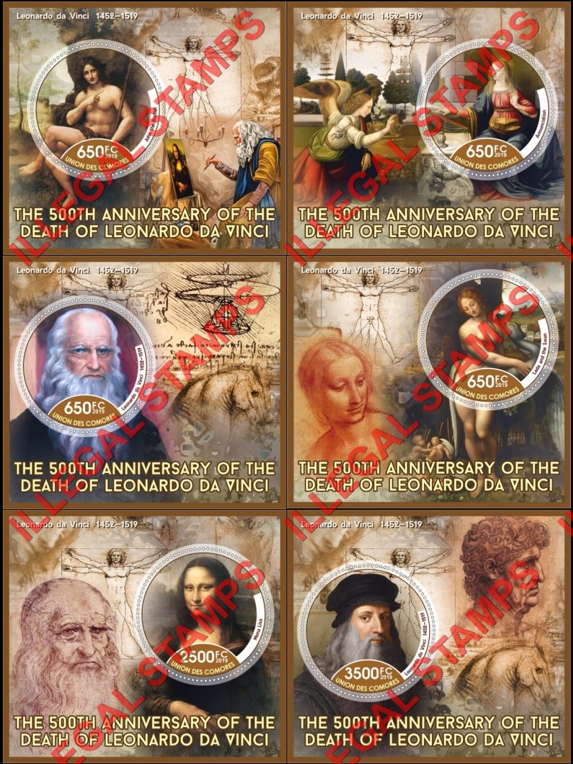 Comoro Islands 2019 Paintings by Leonardo da Vinci Counterfeit Illegal Stamp Souvenir Sheets of 1
