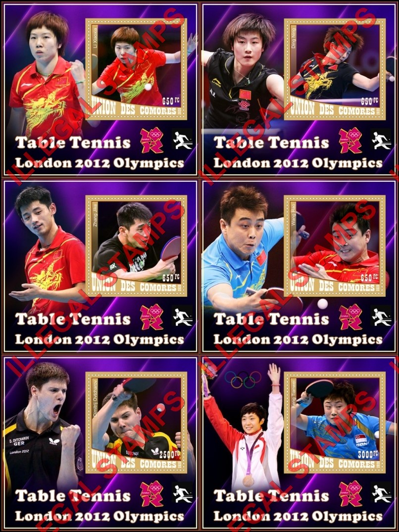 Comoro Islands 2020 Olympic Games in London in 2012 Table Tennis Players Counterfeit Illegal Stamp Souvenir Sheets of 1
