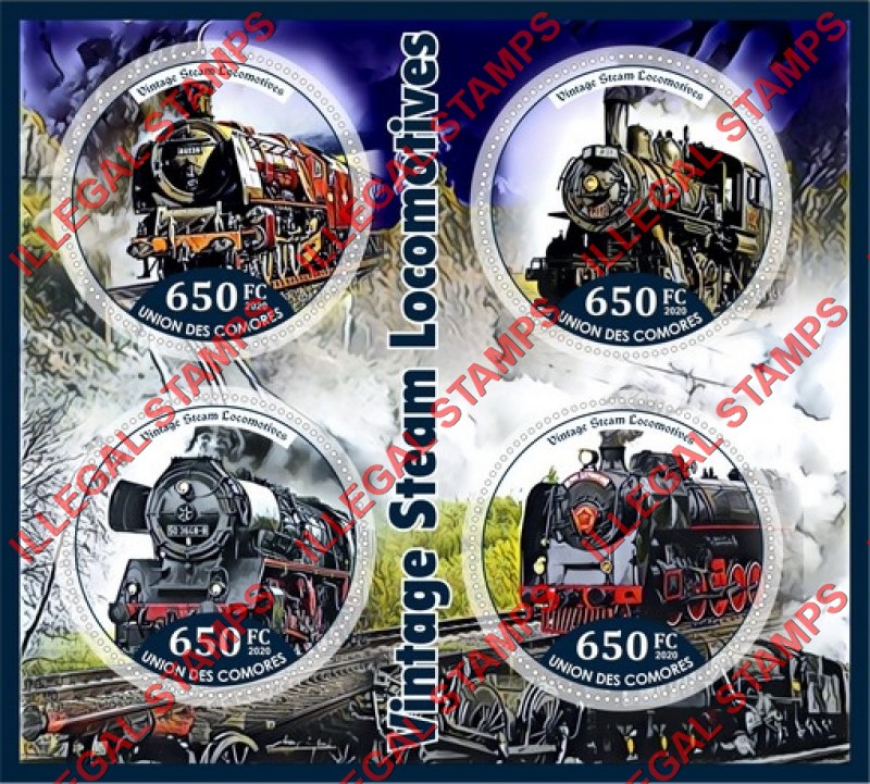 Comoro Islands 2020 Vintage Steam Locomotives Counterfeit Illegal Stamp Souvenir Sheet of 4