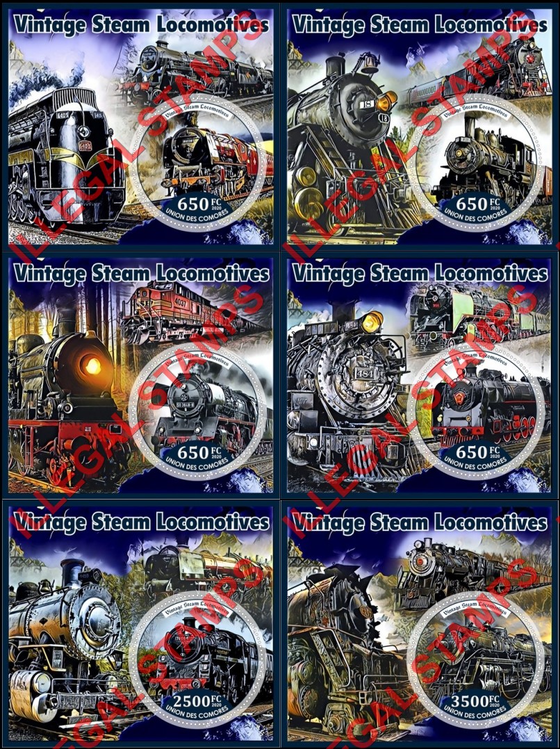 Comoro Islands 2020 Vintage Steam Locomotives Counterfeit Illegal Stamp Souvenir Sheets of 1