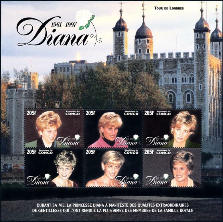 Congo Democratic Republic 1998 Princess Diana Sheet of 6 Scott Number 1139 Congo Democratic Republic 1998 Princess Diana Sheet of 6 Scott Number 1139
