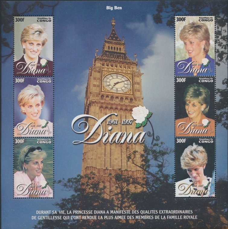 Congo Democratic Republic 1998 Princess Diana Sheet of 6 Scott Number 1141 Congo Democratic Republic 1998 Princess Diana Sheet of 6 Scott Number 1141