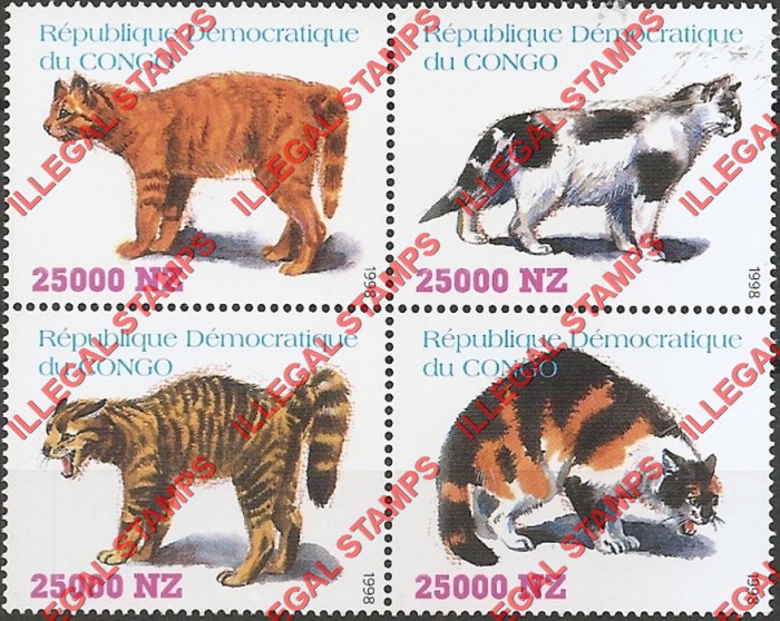Congo Democratic Republic 1998 Cats Illegal Stamp Block of 4 Congo Democratic Republic 1998 Cats Illegal Stamp Block of 4