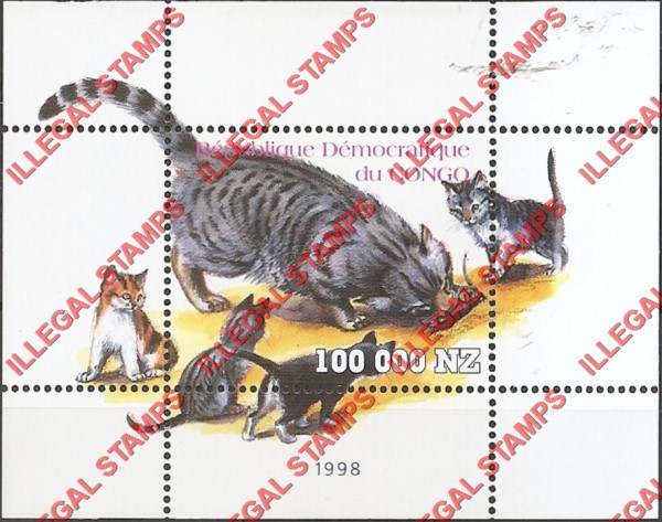 Congo Democratic Republic 1998 Cats Illegal Stamp Souvenir Sheet of 1 Congo Democratic Republic 1998 Cats Illegal Stamp Souvenir Sheet of 1
