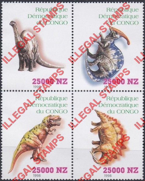 Congo Democratic Republic 1998 Dinosaurs Illegal Stamp Block of 4 Congo Democratic Republic 1998 Dinosaurs Illegal Stamp Block of 4