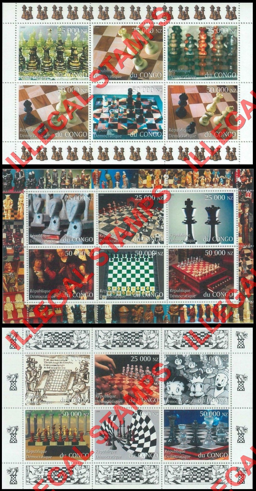Congo Democratic Republic 1999 Chess Illegal Stamp Souvenir Sheets of 6 Congo Democratic Republic 1999 Chess Illegal Stamp Souvenir Sheets of 6