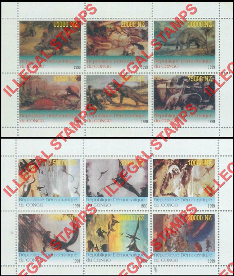 Congo Democratic Republic 1999 Dinosaurs Illegal Stamp Souvenir Sheets of 6 Congo Democratic Republic 1999 Dinosaurs Illegal Stamp Souvenir Sheets of 6