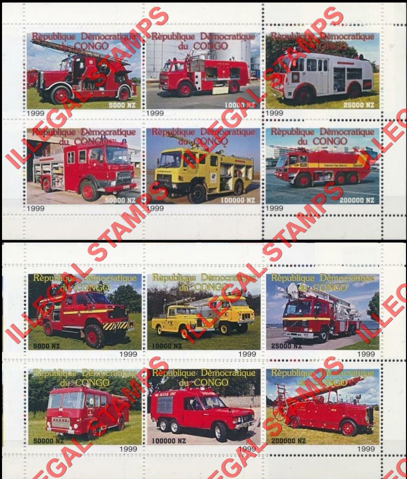 Congo Democratic Republic 1999 Fire Trucks Illegal Stamp Souvenir Sheets of 6 Congo Democratic Republic 1999 Fire Trucks Illegal Stamp Souvenir Sheets of 6