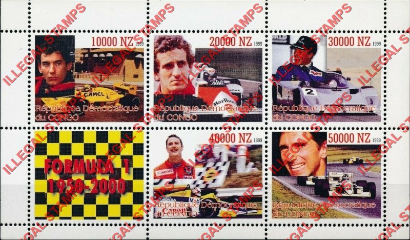 Congo Democratic Republic 1999 Formula I Illegal Stamp Souvenir Sheet of 6 Congo Democratic Republic 1999 Formula I Illegal Stamp Souvenir Sheet of 6