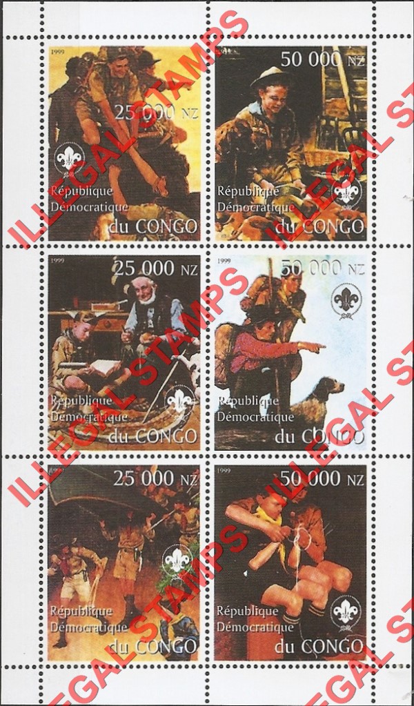 Congo Democratic Republic 1999 Scouts Norman Rockwell Illegal Stamp Souvenir Sheet of 6 Congo Democratic Republic 1999 Scouts Norman Rockwell Illegal Stamp Souvenir Sheet of 6