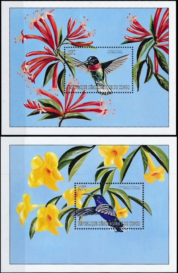 Congo Democratic Republic 2000 Birds Hummingbirds Souvenir Sheets of 1 Scott Number 1543-1544 Congo Democratic Republic 2000 Birds Hummingbirds Souvenir Sheets of 1 Scott Number 1543-1544