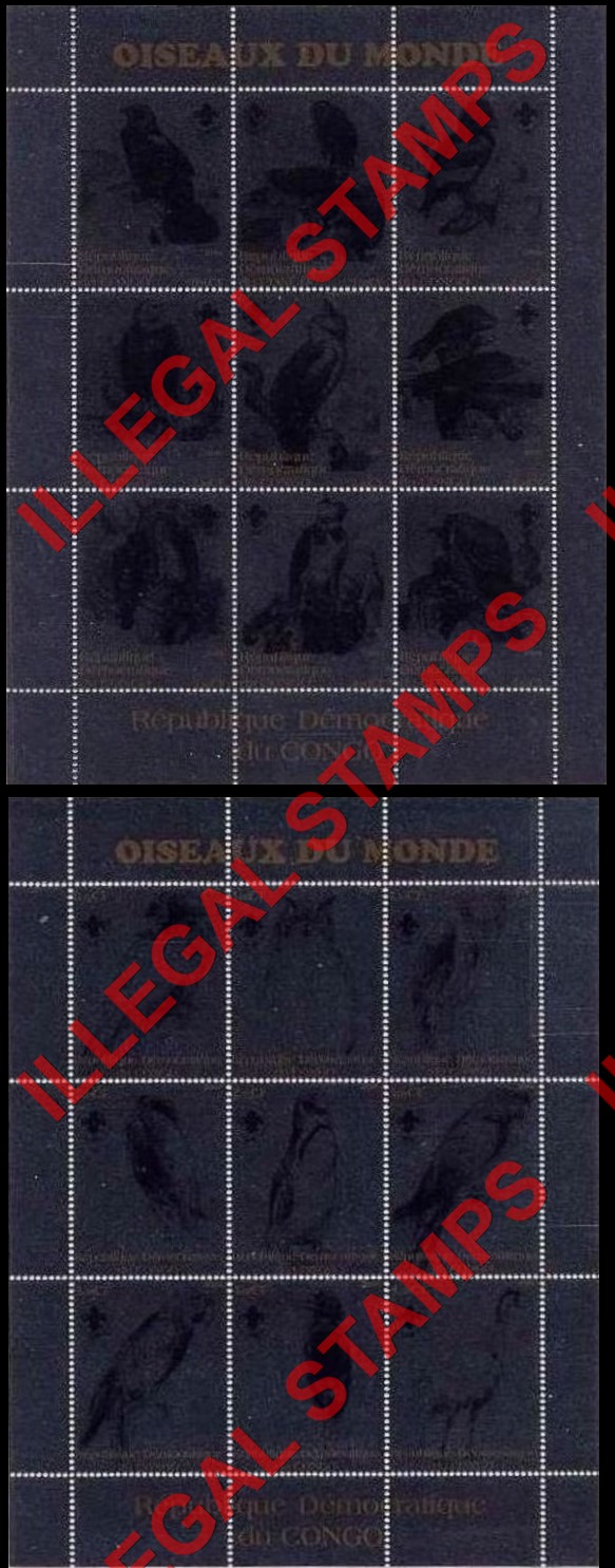 Congo Democratic Republic 2000 Birds of the World Silver Foil Illegal Stamp Sheets of 9 Congo Democratic Republic 2000 Birds of the World Silver Foil Illegal Stamp Sheets of 9