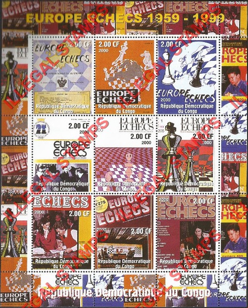 Congo Democratic Republic 2000 Chess Illegal Stamp Sheet of 9 Congo Democratic Republic 2000 Chess Illegal Stamp Sheet of 9