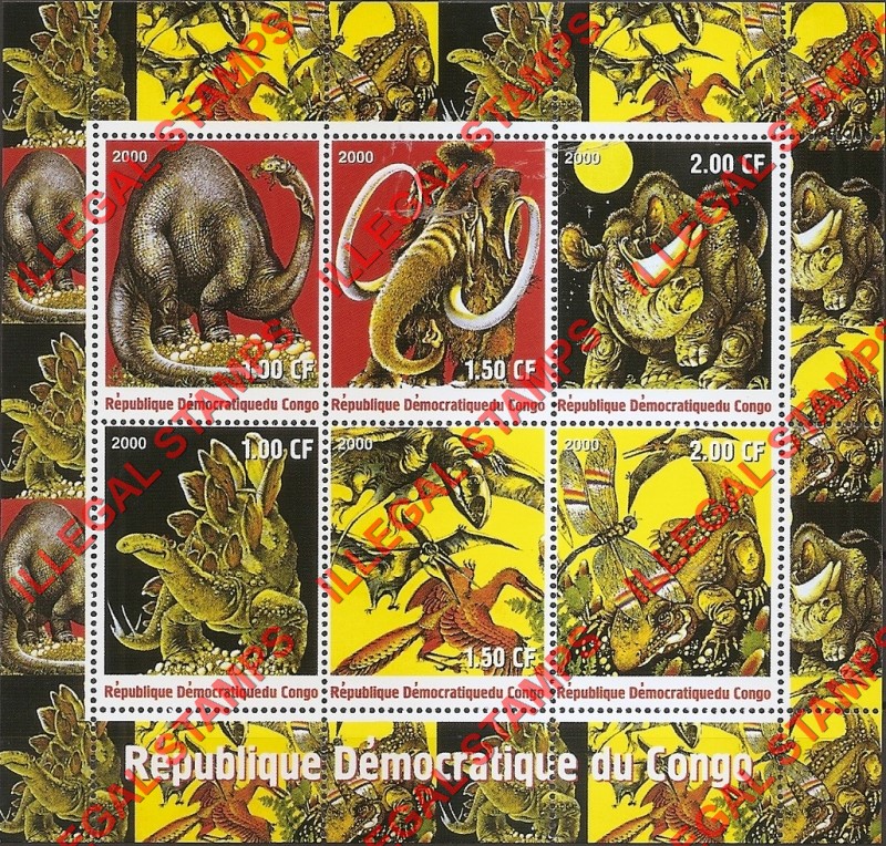 Congo Democratic Republic 2000 Dinosaurs Illegal Stamp Souvenir Sheet of 6 Congo Democratic Republic 2000 Dinosaurs Illegal Stamp Souvenir Sheet of 6