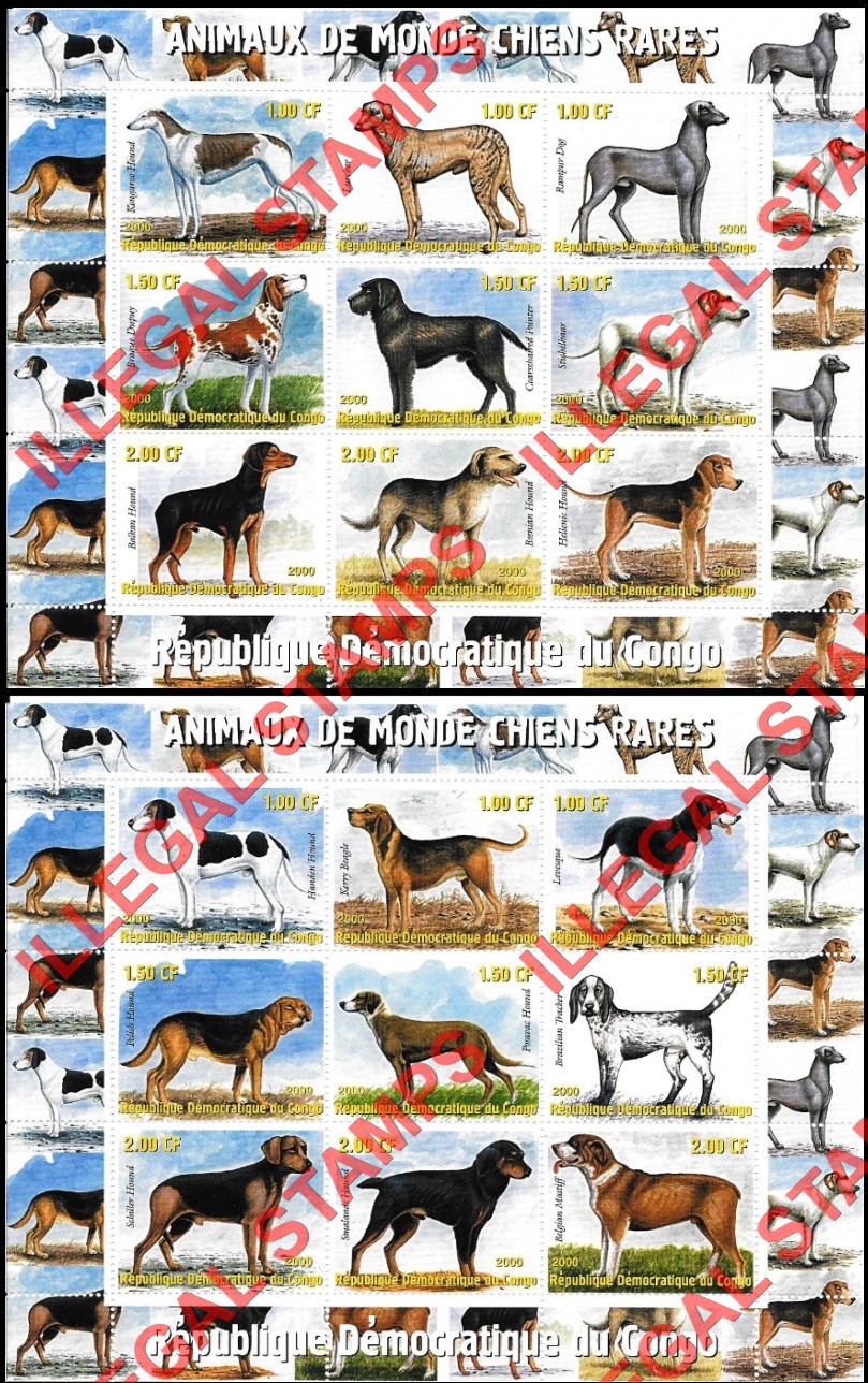 Congo Democratic Republic 2000 Dogs Illegal Stamp Sheets of 9 Congo Democratic Republic 2000 Dogs Illegal Stamp Sheets of 9