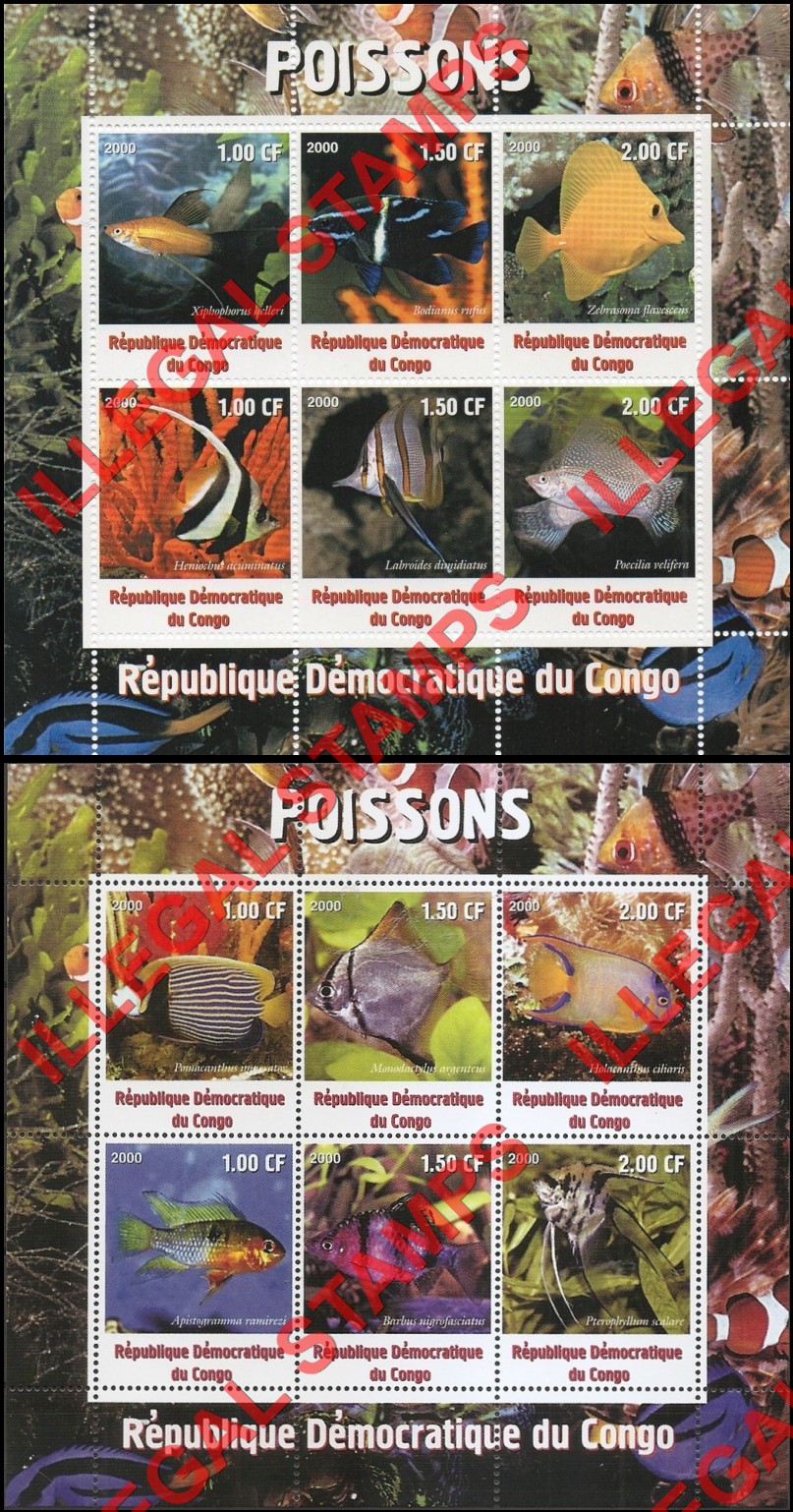 Congo Democratic Republic 2000 Fish Illegal Stamp Souvenir Sheets of 6 Congo Democratic Republic 2000 Fish Illegal Stamp Souvenir Sheets of 6