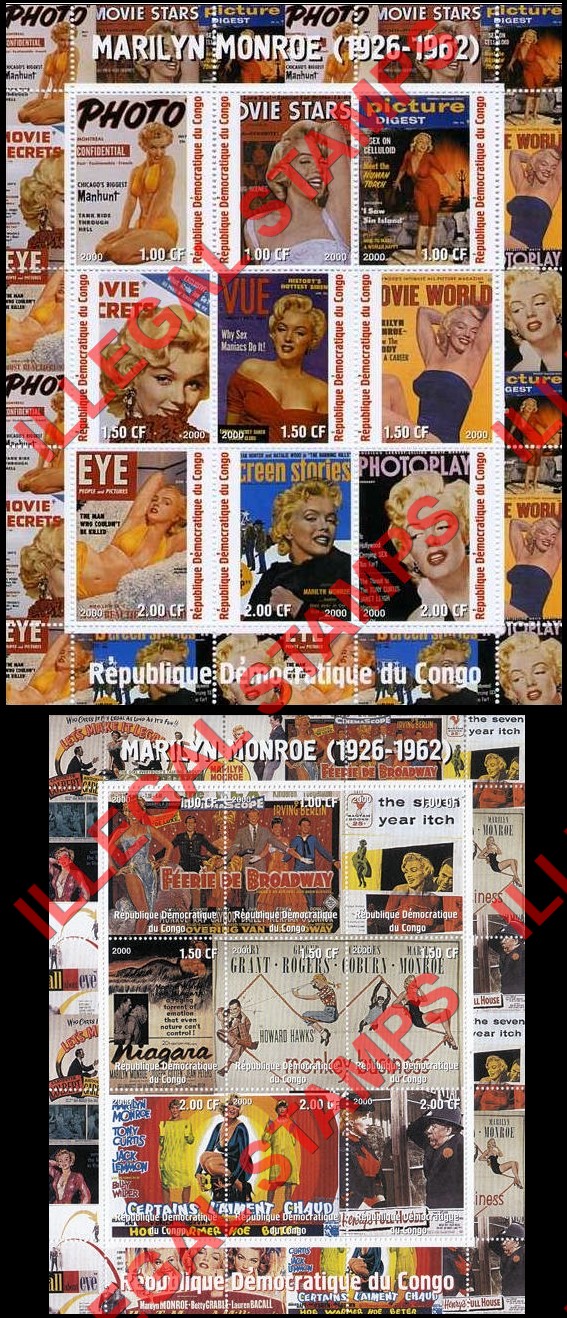 Congo Democratic Republic 2000 Marilyn Monroe Illegal Stamp Sheets of 9 (Part 2) Congo Democratic Republic 2000 Marilyn Monroe Illegal Stamp Sheets of 9 (Part 2)