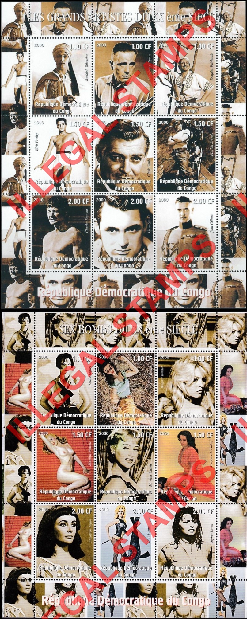 Congo Democratic Republic 2000 Movie Stars Illegal Stamp Sheets of 9 Congo Democratic Republic 2000 Movie Stars Illegal Stamp Sheets of 9
