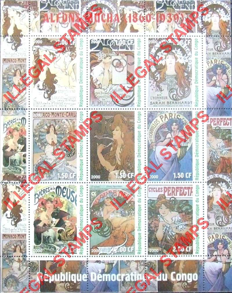 Congo Democratic Republic 2000 Paintings Mucha Illegal Stamp Sheet of 9 Congo Democratic Republic 2000 Paintings Mucha Illegal Stamp Sheet of 9
