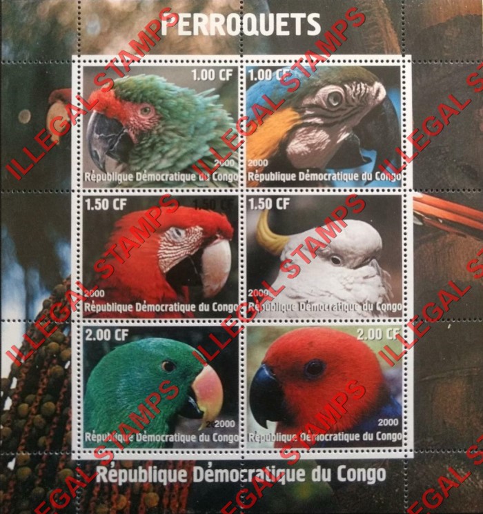 Congo Democratic Republic 2000 Parrots Illegal Stamp Souvenir Sheet of 6 Congo Democratic Republic 2000 Parrots Illegal Stamp Souvenir Sheet of 6