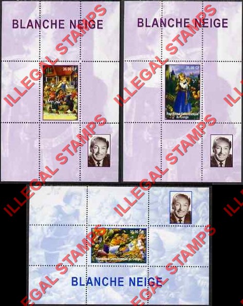 Congo Democratic Republic 2000 Snow White and Walt Disney Illegal Stamp Souvenir Sheets of 1 Congo Democratic Republic 2000 Snow White and Walt Disney Illegal Stamp Souvenir Sheets of 1