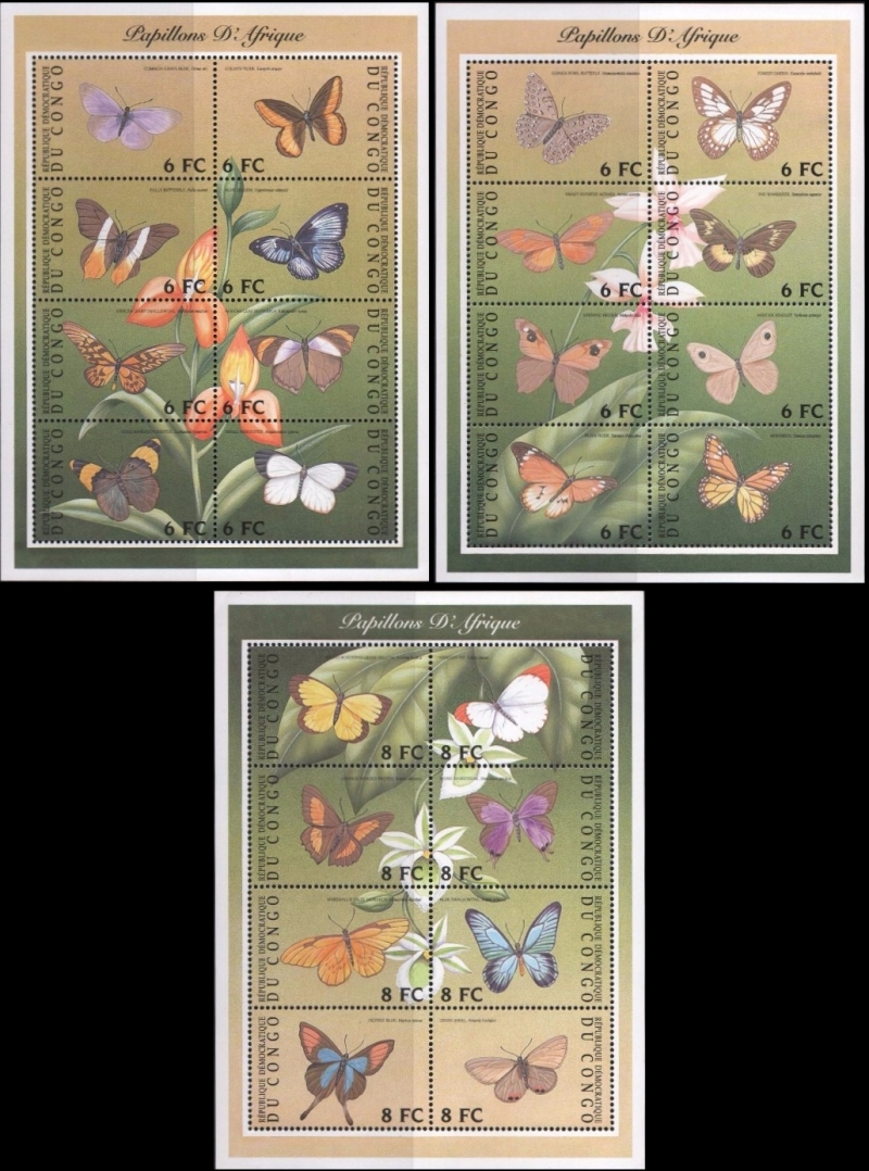 Congo Democratic Republic 2001 Butterflies Sheets of 8 Scott Number 1597-1599 Congo Democratic Republic 2001 Butterflies Sheets of 8 Scott Number 1597-1599