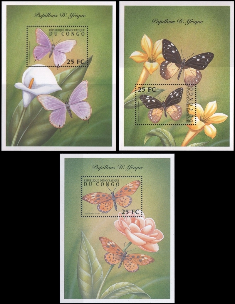 Congo Democratic Republic 2001 Butterflies Souvenir Sheets of 1 Scott Number 1600-1602 Congo Democratic Republic 2001 Butterflies Souvenir Sheets of 1 Scott Number 1600-1602