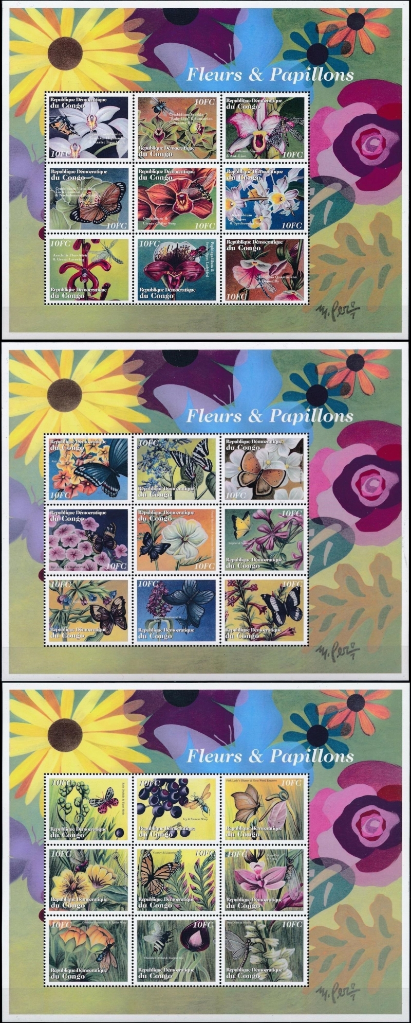 Congo Democratic Republic 2001 Flowers and Insects Sheets of 9 Scott Number 1607-1609 Congo Democratic Republic 2001 Flowers and Insects Sheets of 9 Scott Number 1607-1609