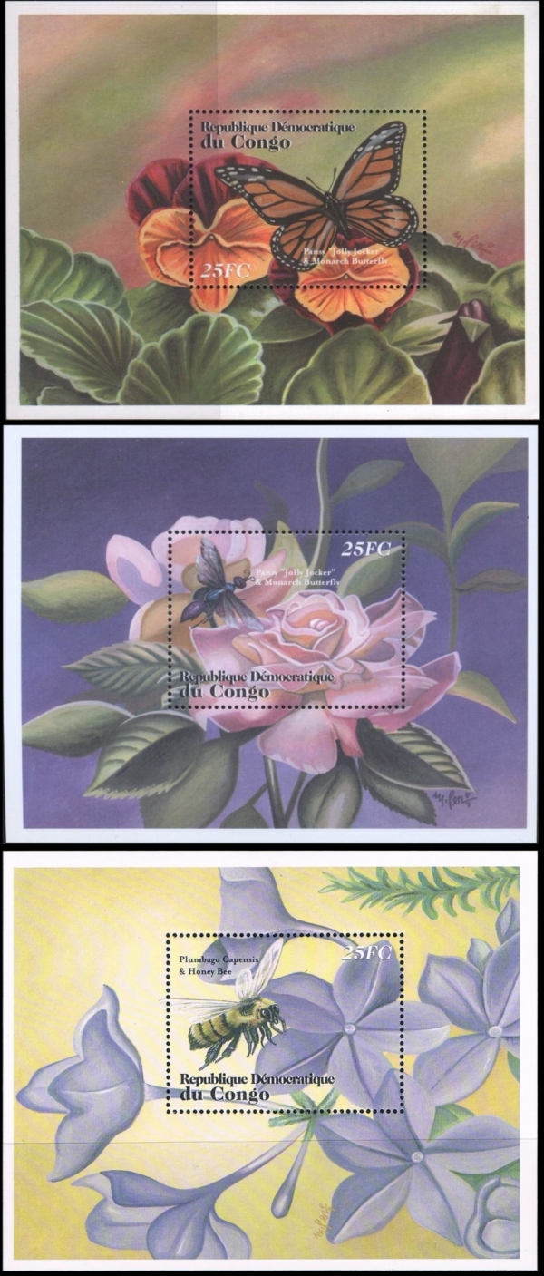 Congo Democratic Republic 2001 Flowers and Insects Souvenir Sheets of 1 Scott Number 1610-1612 Congo Democratic Republic 2001 Flowers and Insects Souvenir Sheets of 1 Scott Number 1610-1612