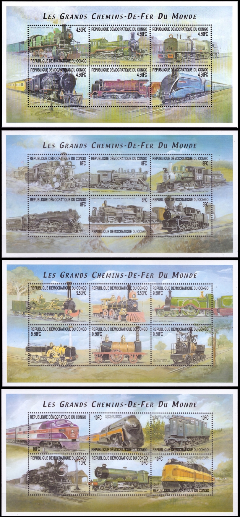 Congo Democratic Republic 2001 Trains Sheets of 6 Scott Number 1560-1563 Congo Democratic Republic 2001 Trains Sheets of 6 Scott Number 1560-1563