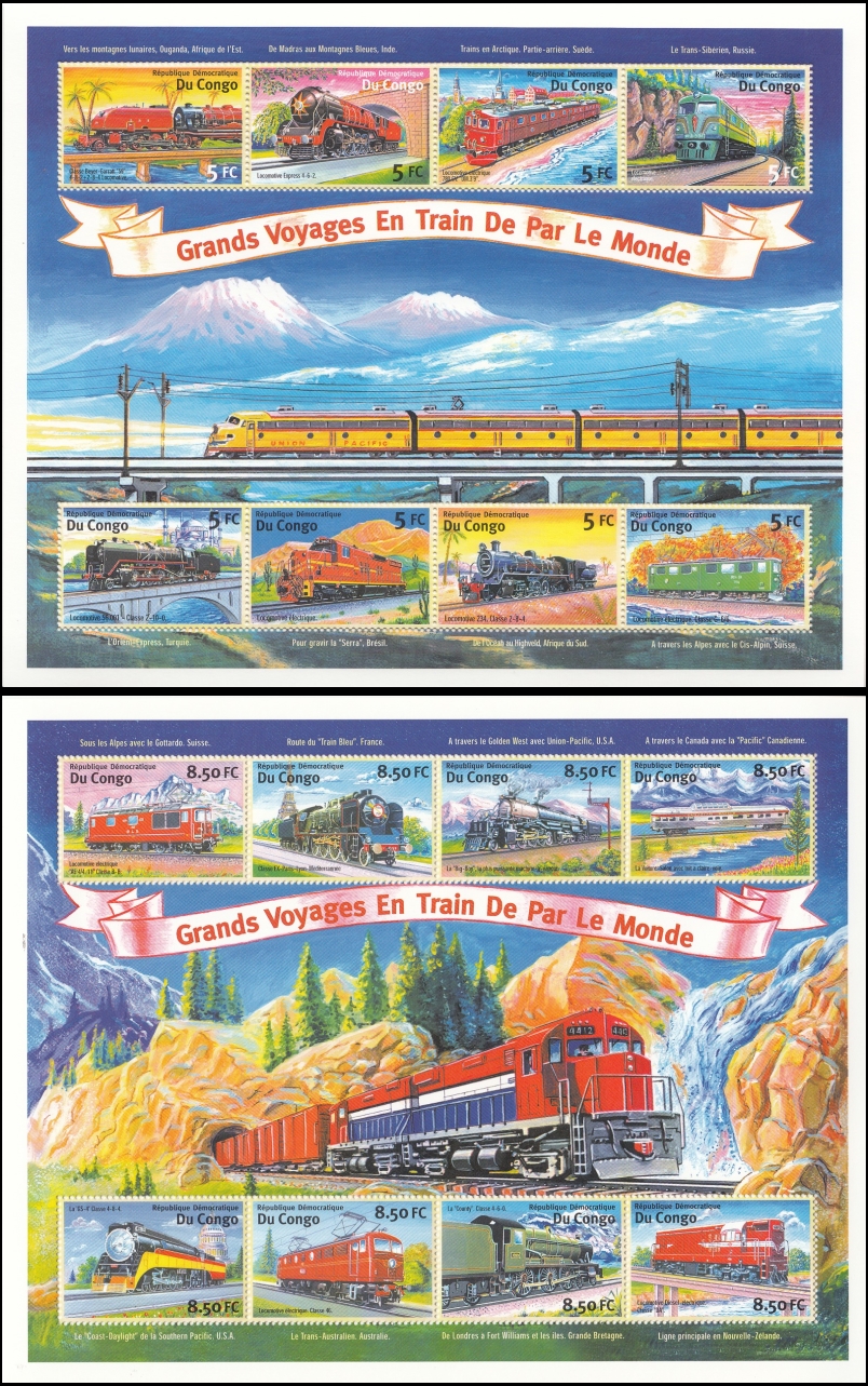 Congo Democratic Republic 2001 Trains Sheets of 8 Scott Number 1564-1565 Congo Democratic Republic 2001 Trains Sheets of 8 Scott Number 1564-1565
