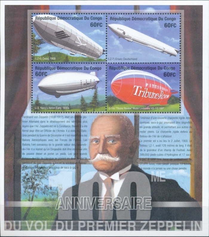 Congo Democratic Republic 2001 Zeppelins Sheet of 4 Scott Number 1588 Congo Democratic Republic 2001 Zeppelins Sheet of 4 Scott Number 1588
