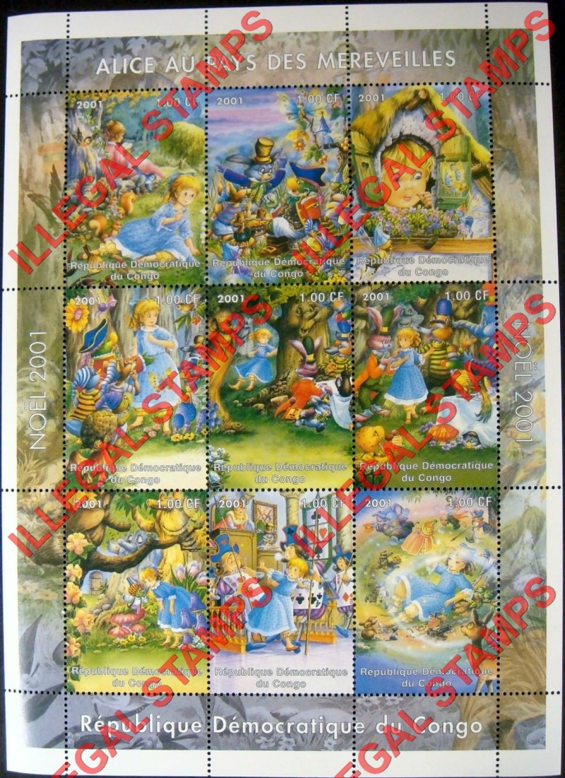 Congo Democratic Republic 2001 Alice in Wonderland Illegal Stamp Sheet of 9 Congo Democratic Republic 2001 Alice in Wonderland Illegal Stamp Sheet of 9