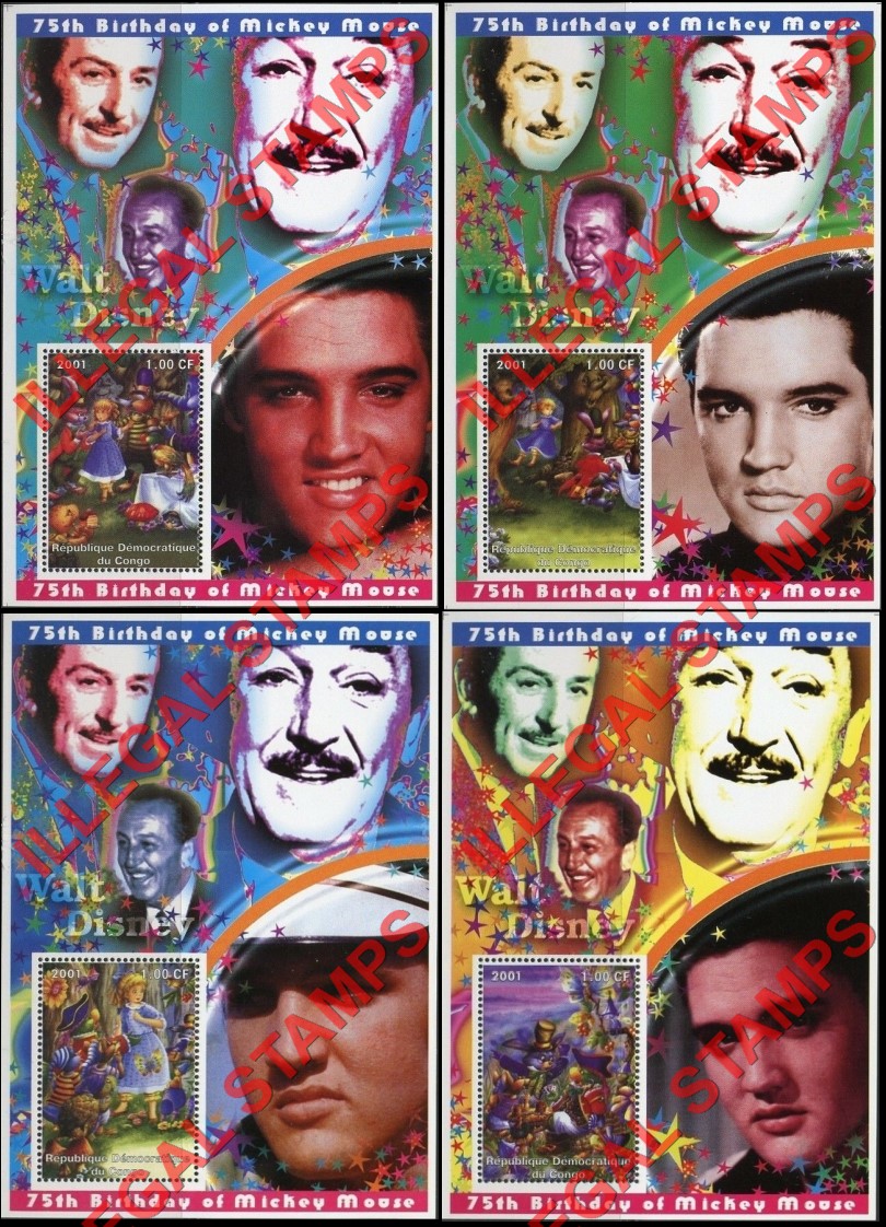 Congo Democratic Republic 2001 Alice in Wonderland with Elvis Presley and Walt Disney Illegal Stamp Souvenir Sheets of 1 (Part 1) Congo Democratic Republic 2001 Alice in Wonderland with Elvis Presley and Walt Disney Illegal Stamp Souvenir Sheets of 1 (Part 1)
