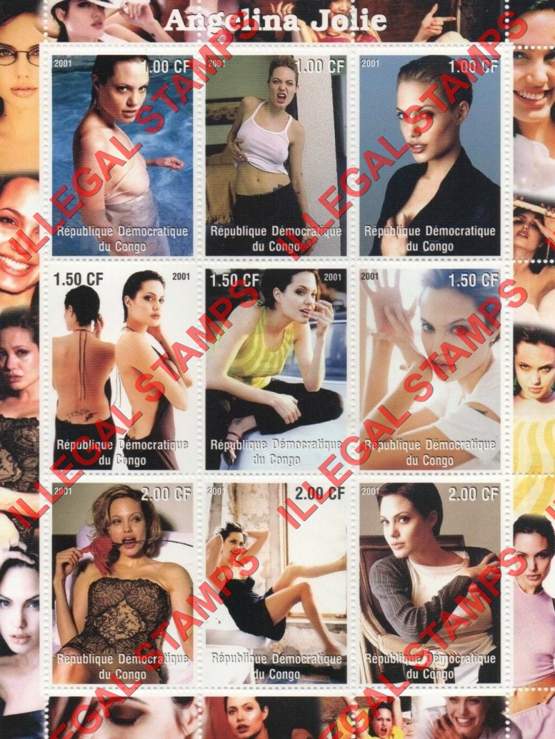 Congo Democratic Republic 2001 Angelina Jolie Illegal Stamp Sheet of 9 Congo Democratic Republic 2001 Angelina Jolie Illegal Stamp Sheet of 9