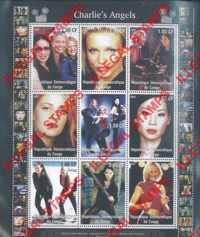 Congo Democratic Republic 2001 Charlie's Angels Illegal Stamp Sheet of 9 Congo Democratic Republic 2001 Charlie's Angels Illegal Stamp Sheet of 9