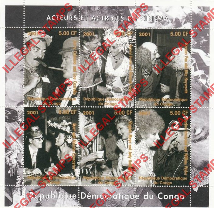 Congo Democratic Republic 2001 Cinema Actors and actresses Illegal Stamp Sheet of 6 Congo Democratic Republic 2001 Cinema Actors and actresses Illegal Stamp Sheet of 6